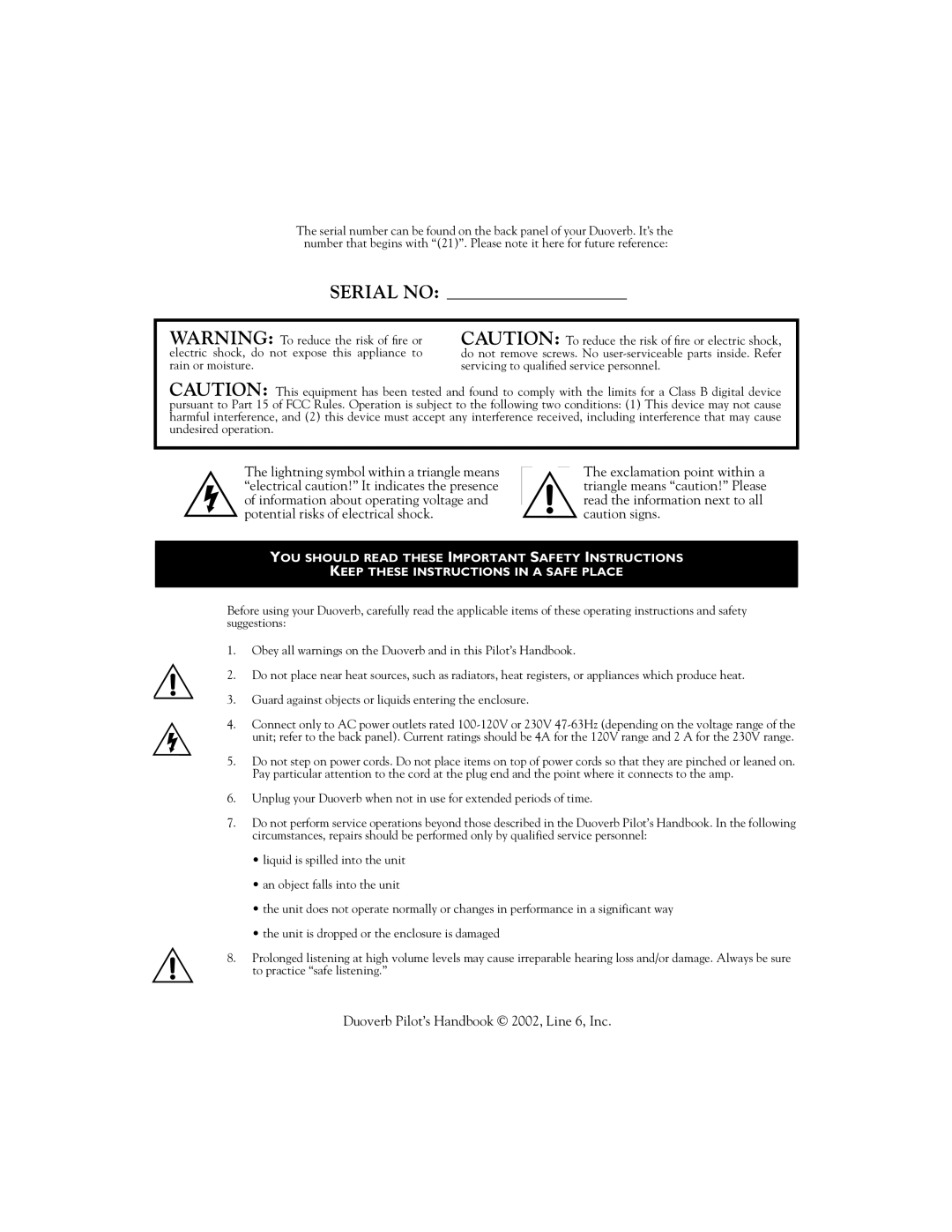 Line 6 Pilot's Handbook manual Serial no 