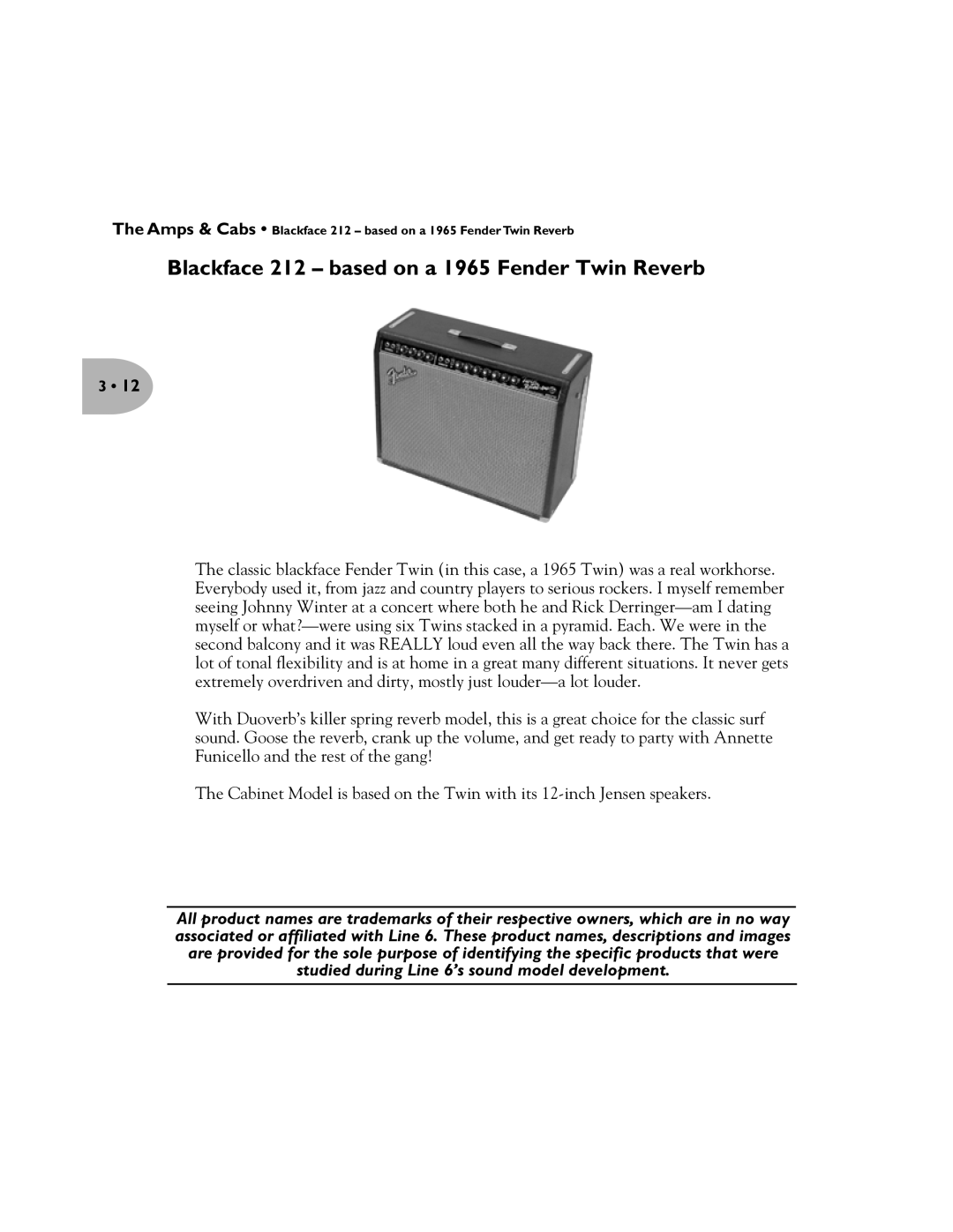 Line 6 Pilot's Handbook manual Blackface 212 based on a 1965 Fender Twin Reverb 