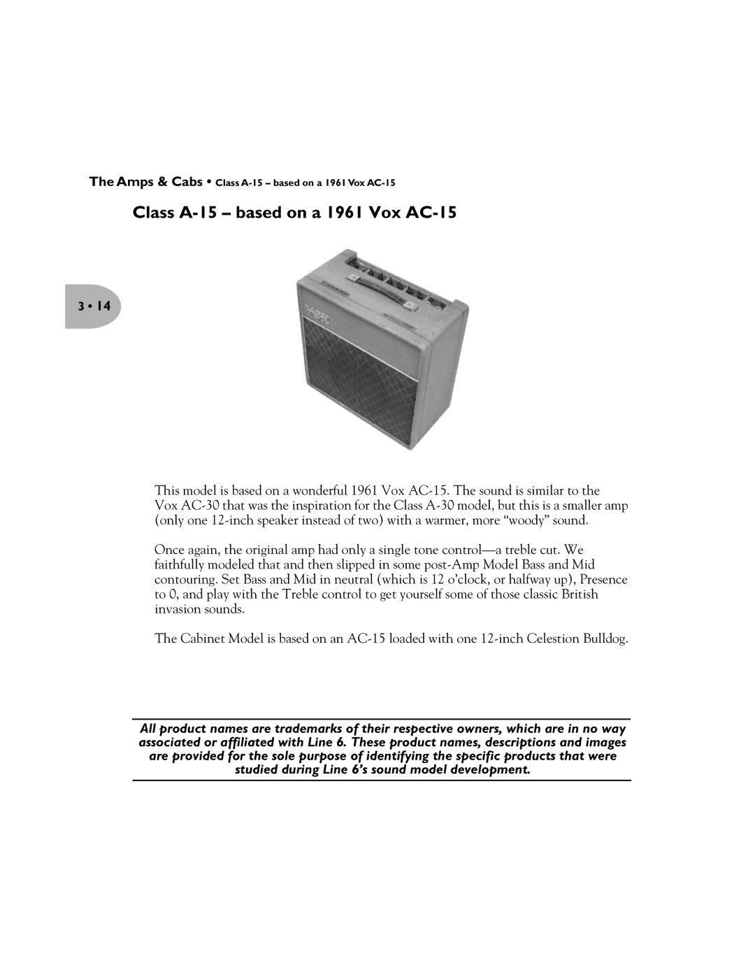 Line 6 Pilot's Handbook manual Class A-15 based on a 1961 Vox AC-15 