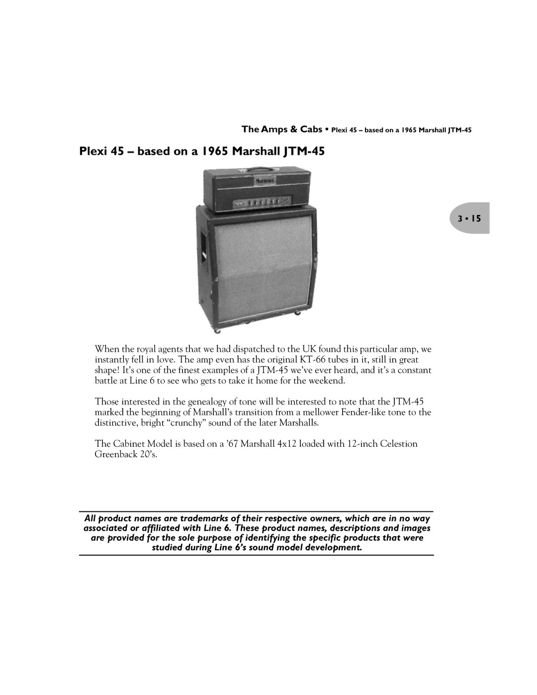 Line 6 Pilot's Handbook manual Plexi 45 based on a 1965 Marshall JTM-45 