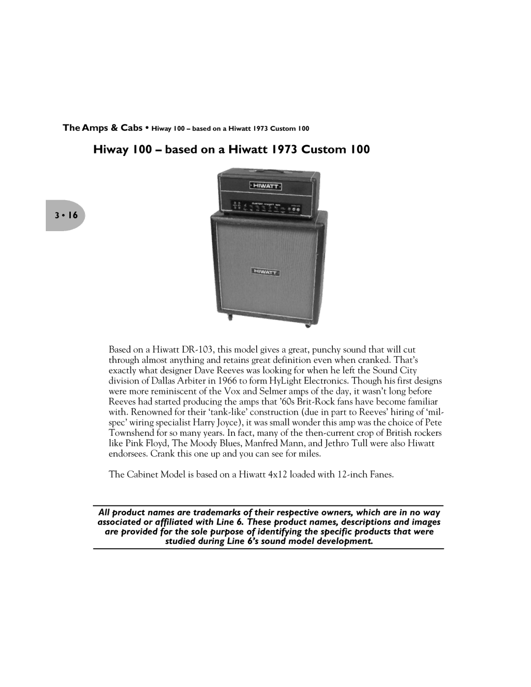 Line 6 Pilot's Handbook manual Hiway 100 based on a Hiwatt 1973 Custom 