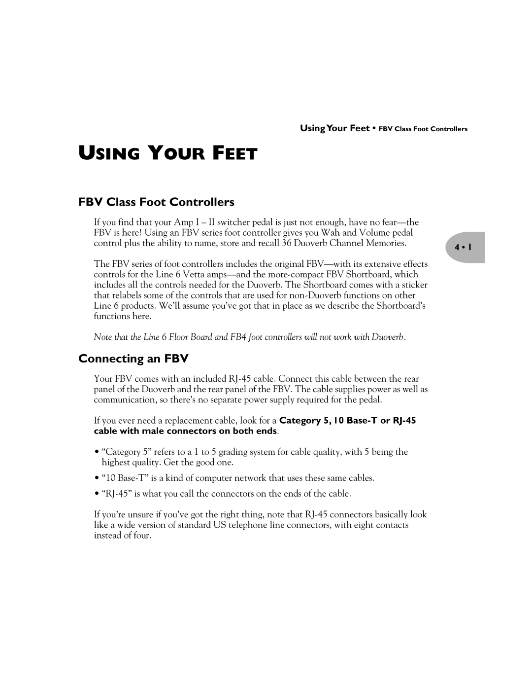 Line 6 Pilot's Handbook manual FBV Class Foot Controllers, Connecting an FBV 