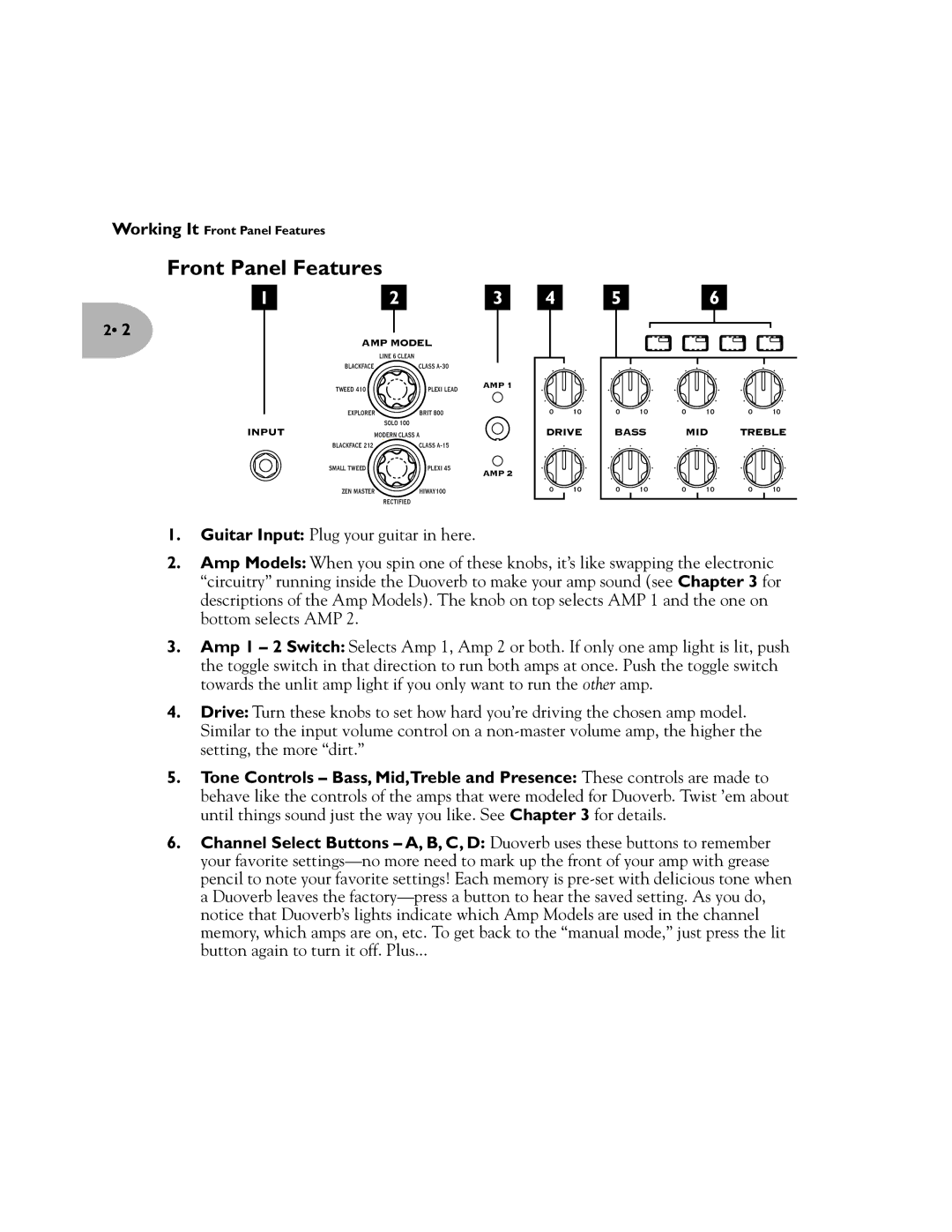 Line 6 Pilot's Handbook manual Front Panel Features 