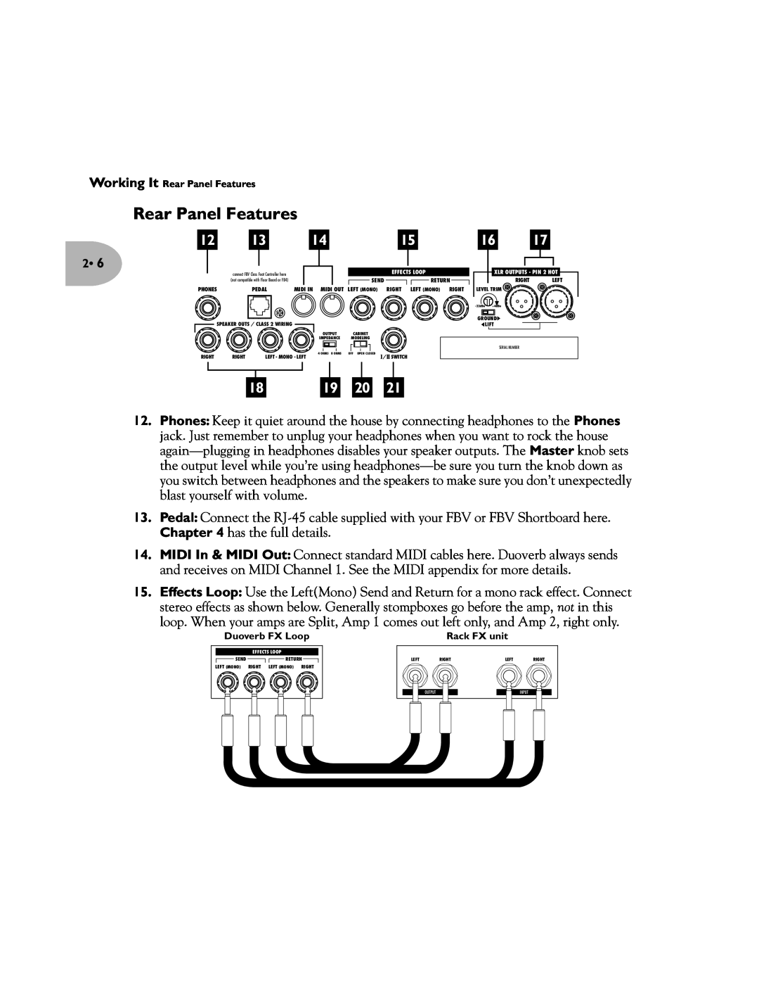 Line 6 Pilot's Handbook manual 18 19 20, Working It Rear Panel Features, Duoverb FX Loop, Rack FX unit 