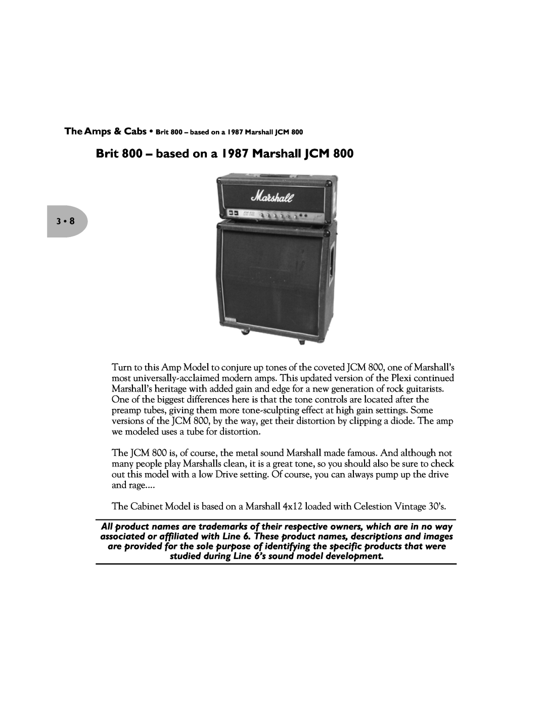 Line 6 Pilot's Handbook manual The Amps & Cabs Brit 800 - based on a 1987 Marshall JCM 