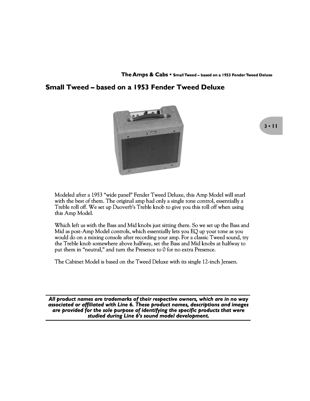 Line 6 Pilot's Handbook manual Small Tweed - based on a 1953 Fender Tweed Deluxe 