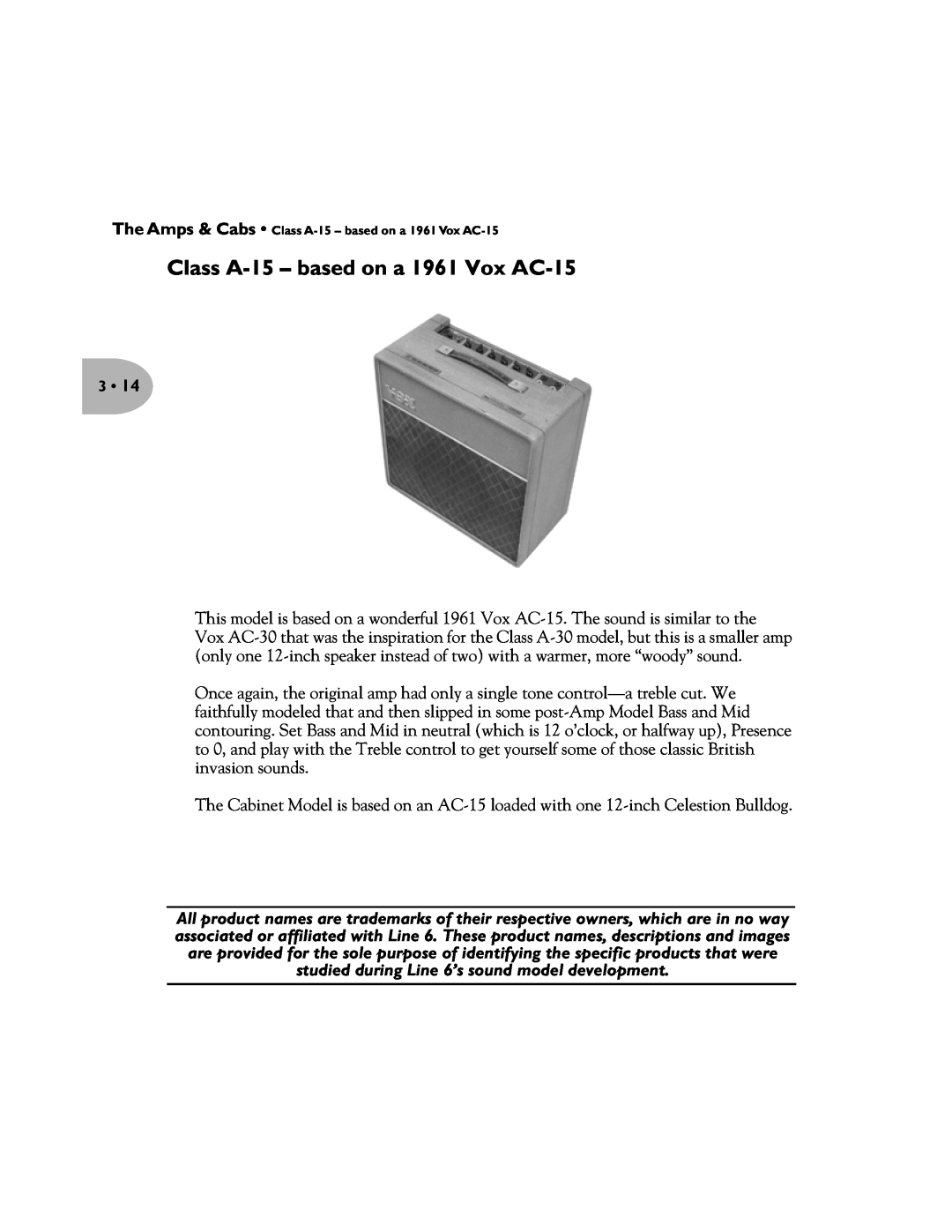 Line 6 Pilot's Handbook manual The Amps & Cabs Class A-15 - based on a 1961 Vox AC-15 