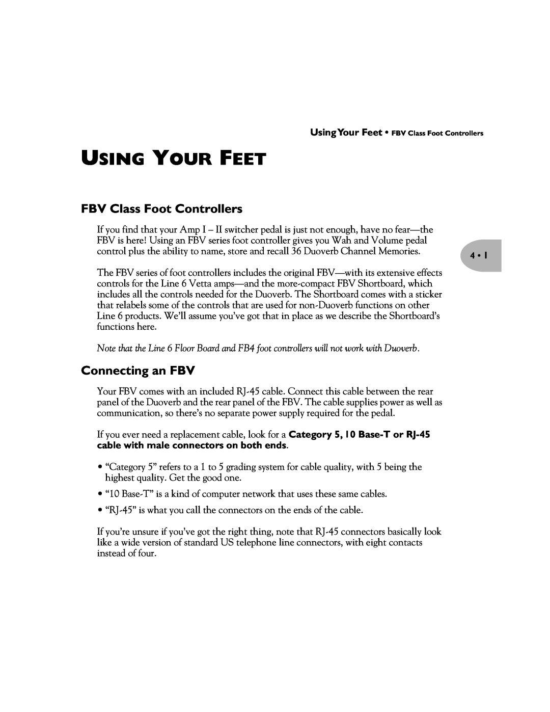 Line 6 Pilot's Handbook manual Using Your Feet, FBV Class Foot Controllers, Connecting an FBV 