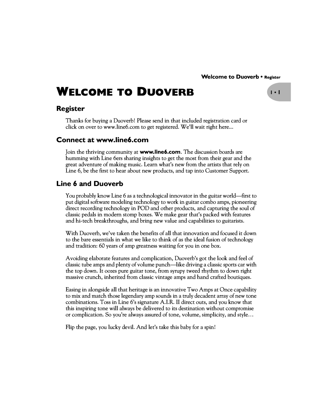 Line 6 Pilot's Handbook manual Welcome To Duoverb, Register, Line 6 and Duoverb 