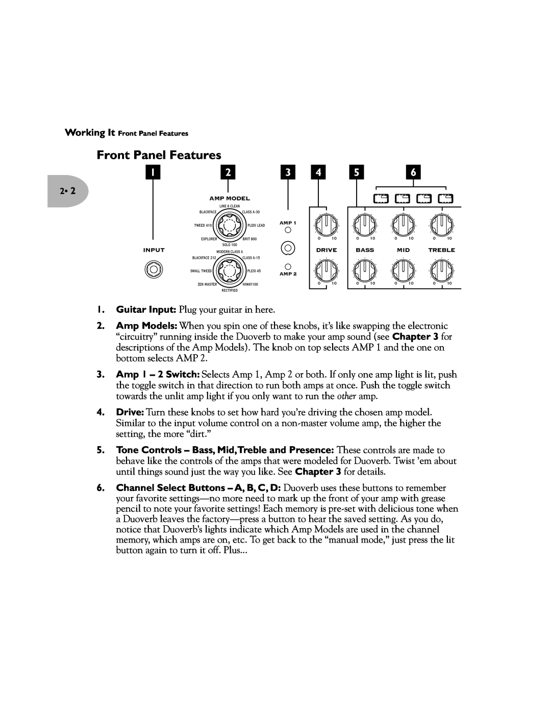 Line 6 Pilot's Handbook manual Front Panel Features 