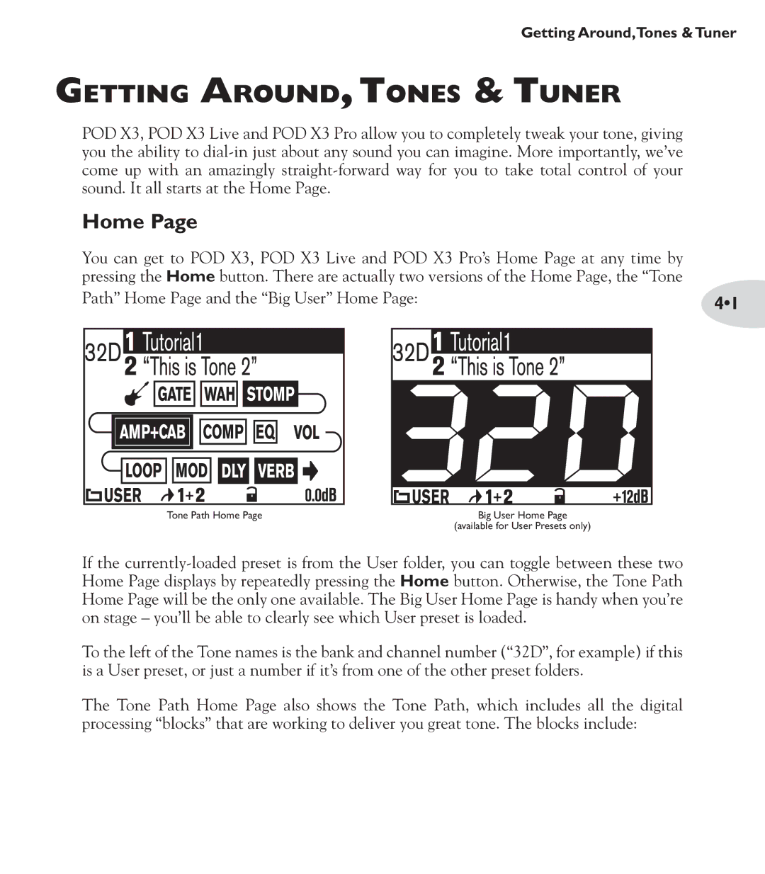 Line 6 POD X3 Family manual Getting Around, Tones & Tuner, Home 