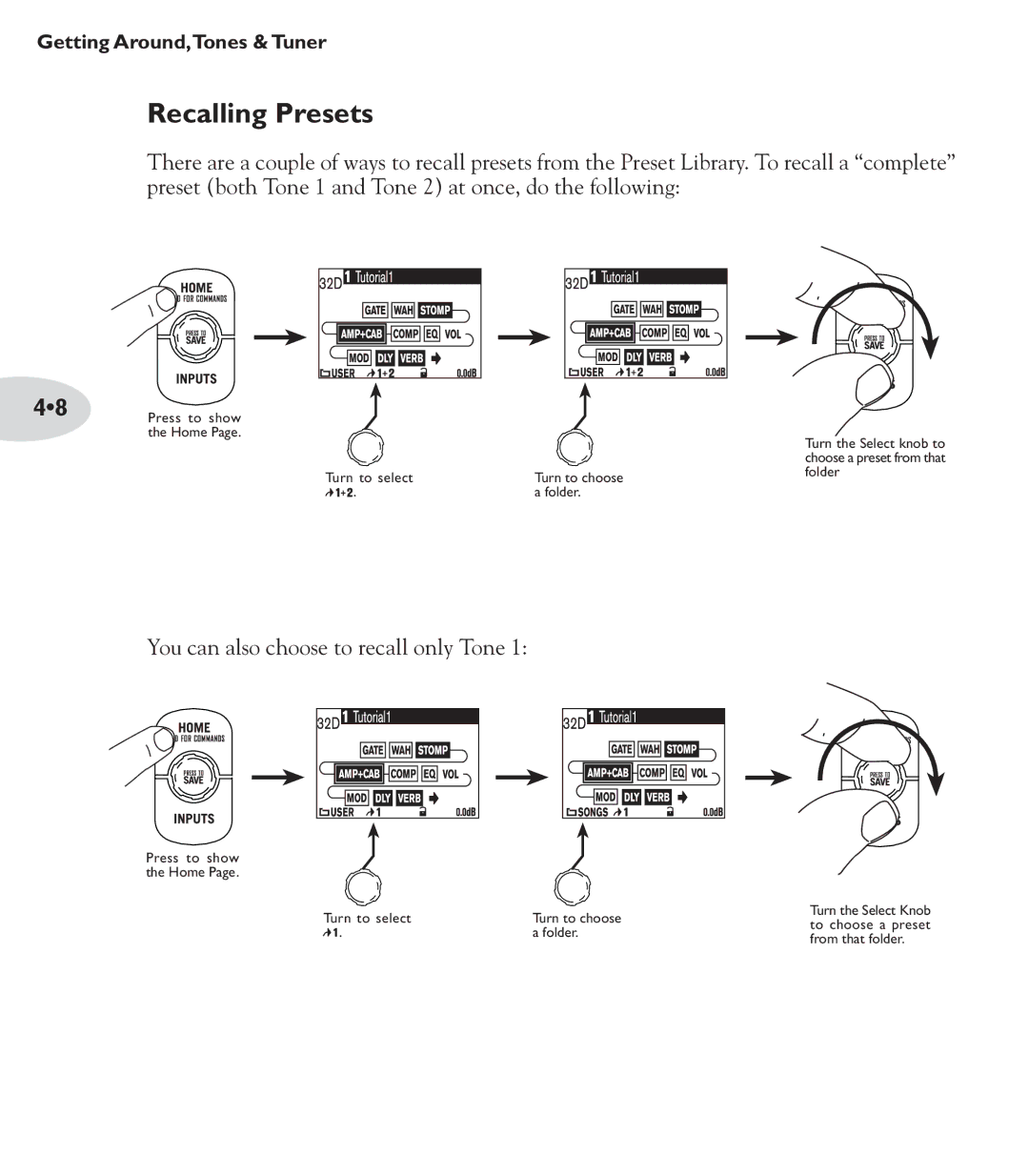 Line 6 POD X3 Family manual Recalling Presets, You can also choose to recall only Tone 