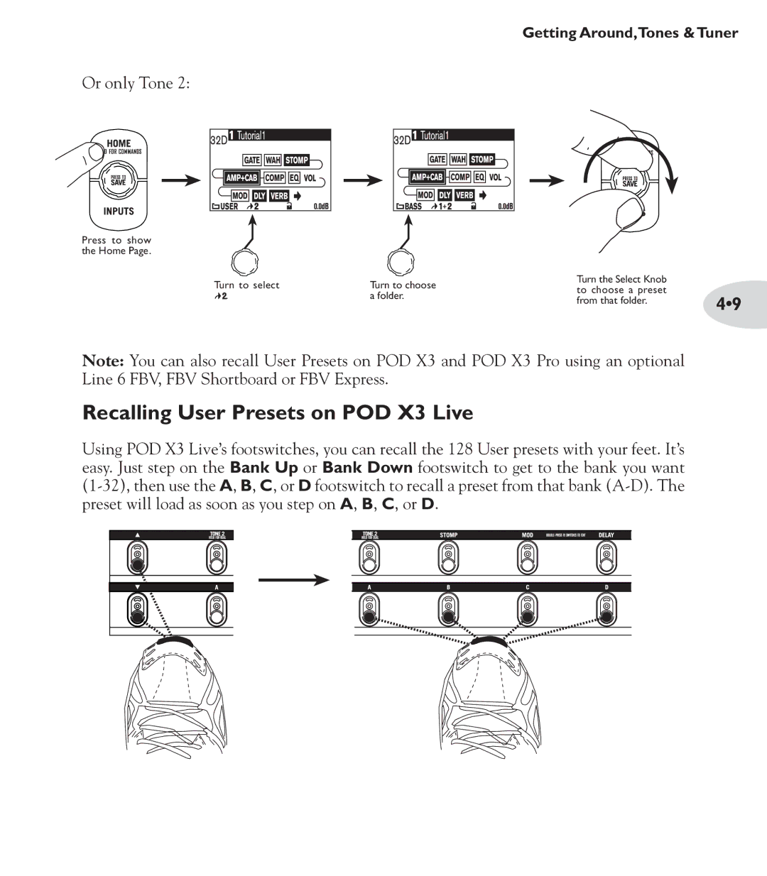 Line 6 POD X3 Family manual Recalling User Presets on POD X3 Live, Or only Tone 