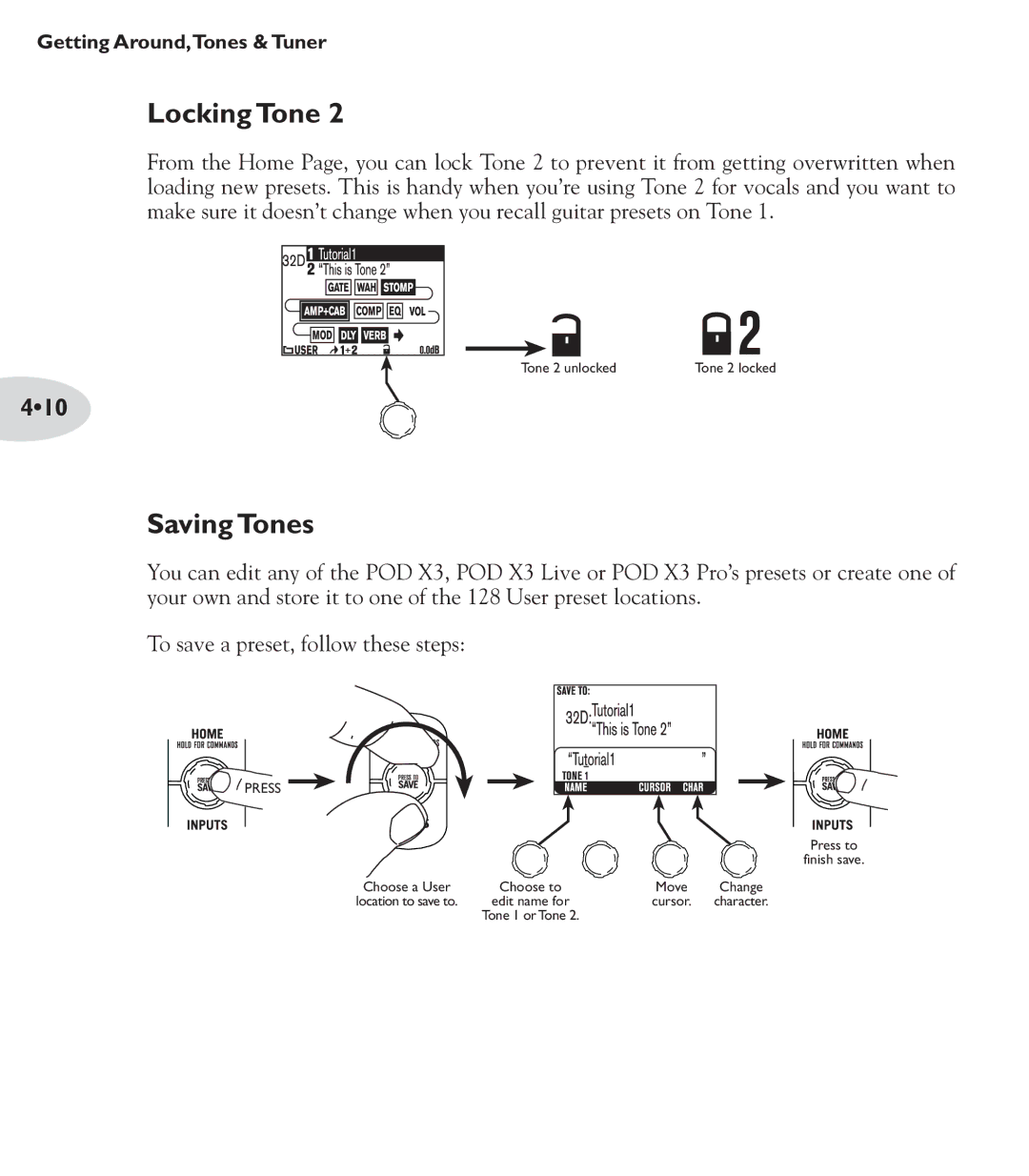 Line 6 POD X3 Family manual Locking Tone, Saving Tones, 410 