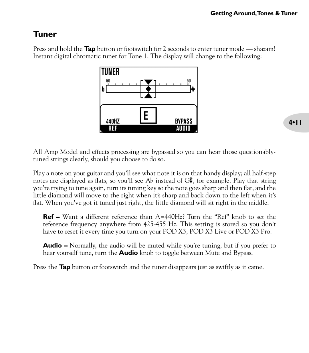 Line 6 POD X3 Family manual Tuner, 440HZ, 411 