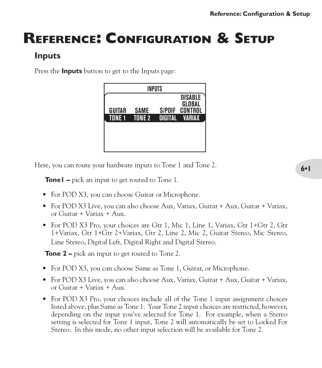 Line 6 POD X3 Family manual Reference Configuration & Setup, Inputs 