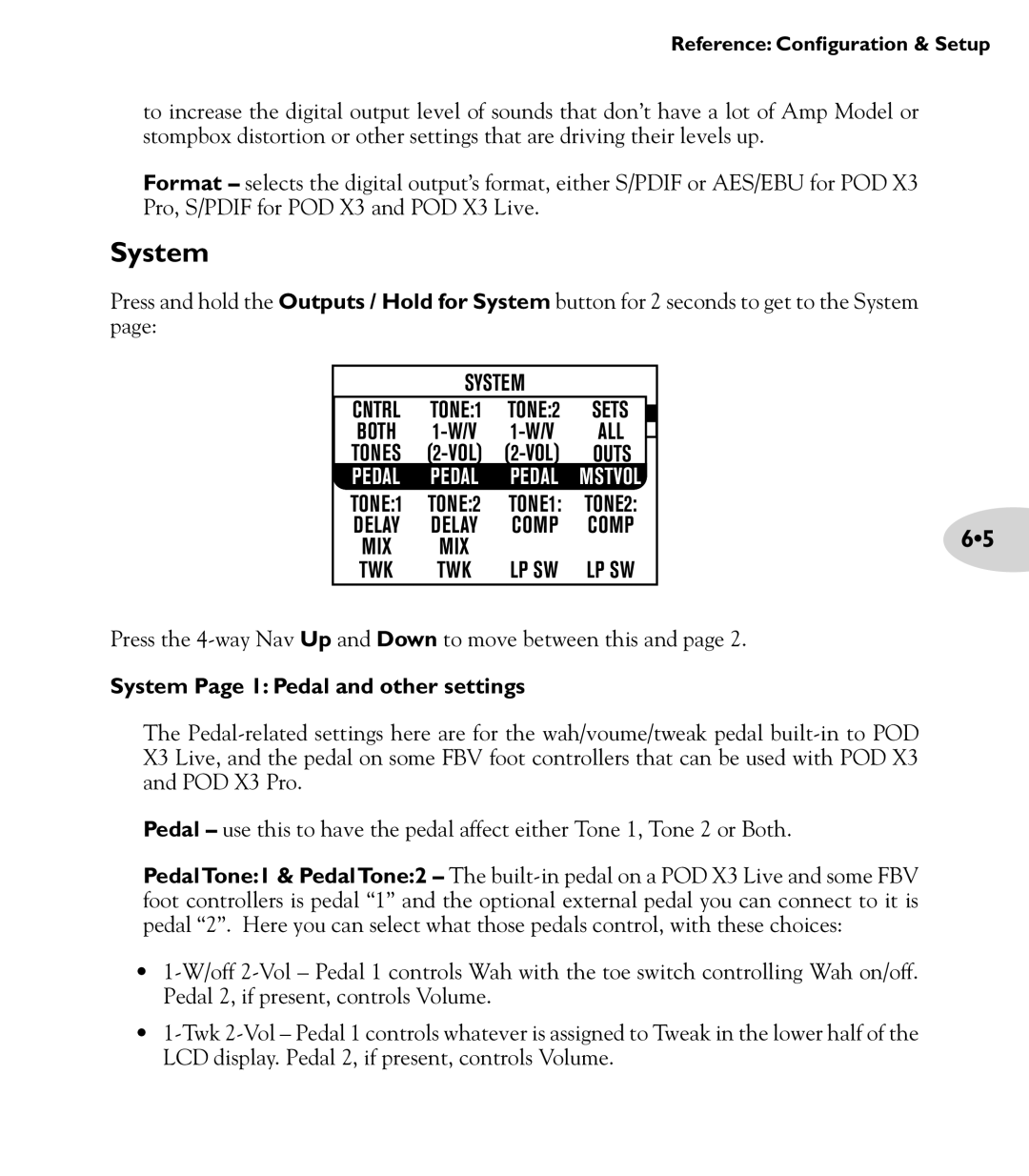 Line 6 POD X3 Family manual System Page 1 Pedal and other settings 