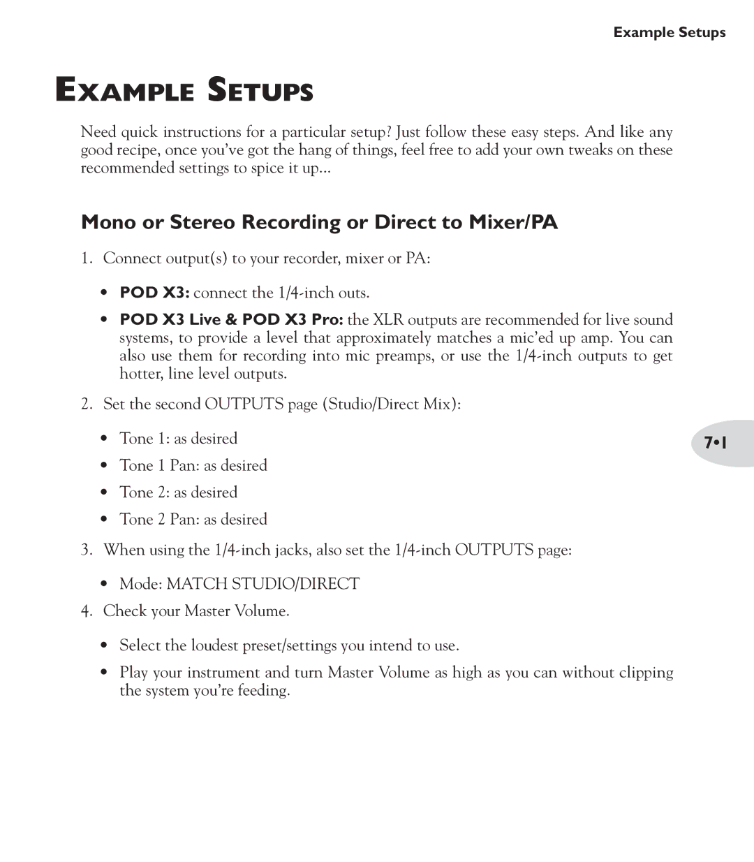 Line 6 POD X3 Family manual Example Setups, Mono or Stereo Recording or Direct to Mixer/PA 