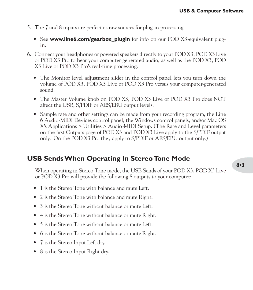 Line 6 POD X3 Family manual USB Sends When Operating In Stereo Tone Mode 