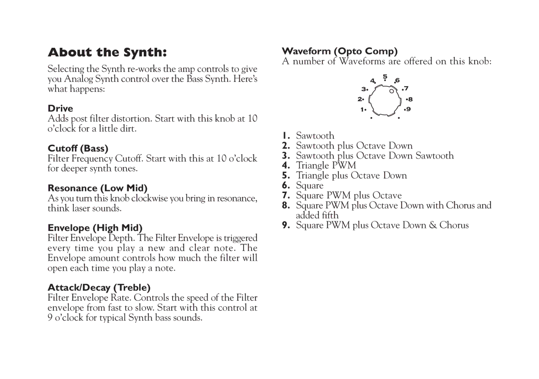 Line 6 Studio 110 specifications About the Synth 