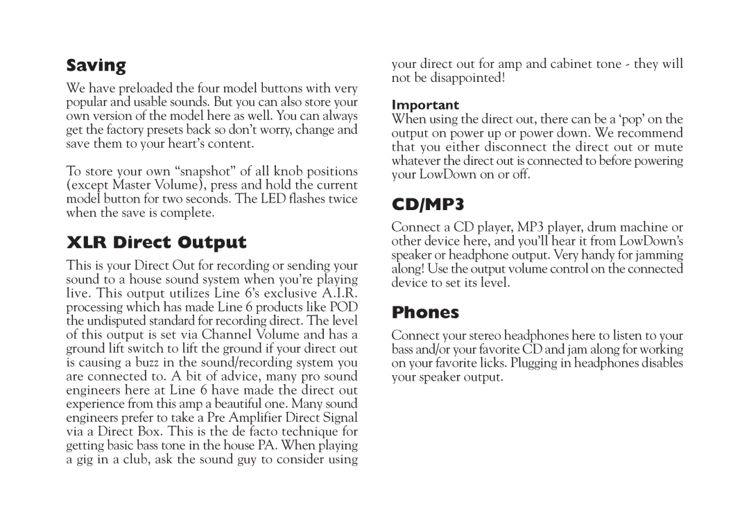 Line 6 Studio 110 specifications Saving, XLR Direct Output, Phones 