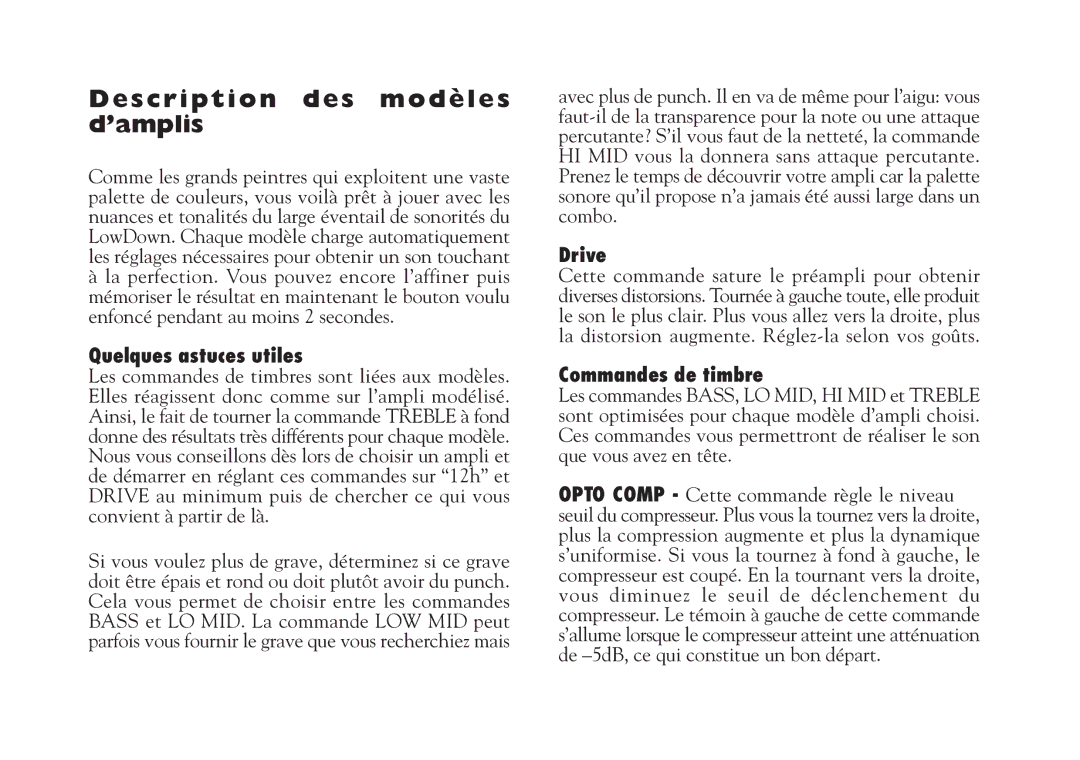 Line 6 Studio 110 specifications Description des modèles d’amplis, Quelques astuces utiles, Commandes de timbre 