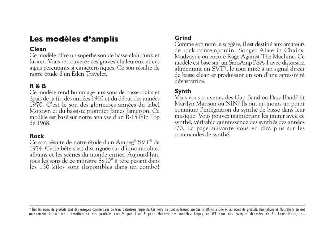 Line 6 Studio 110 specifications Les modèles d’amplis, Clean 