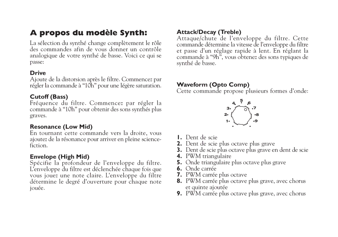 Line 6 Studio 110 specifications Propos du modèle Synth, Cutoff Bass 