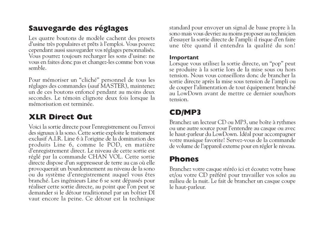 Line 6 Studio 110 specifications Sauvegarde des réglages, XLR Direct Out 