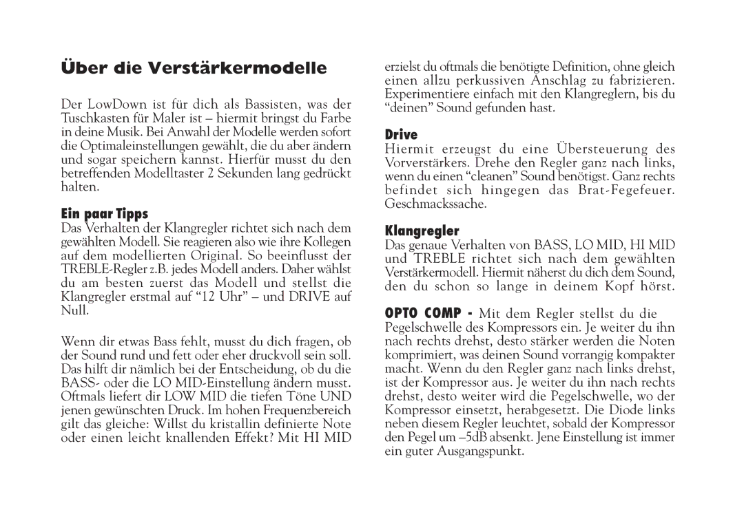 Line 6 Studio 110 specifications Über die Verstärkermodelle, Ein paar Tipps, Klangregler 