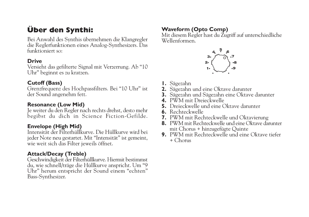 Line 6 Studio 110 specifications Über den Synthi, Cutoff Bass 