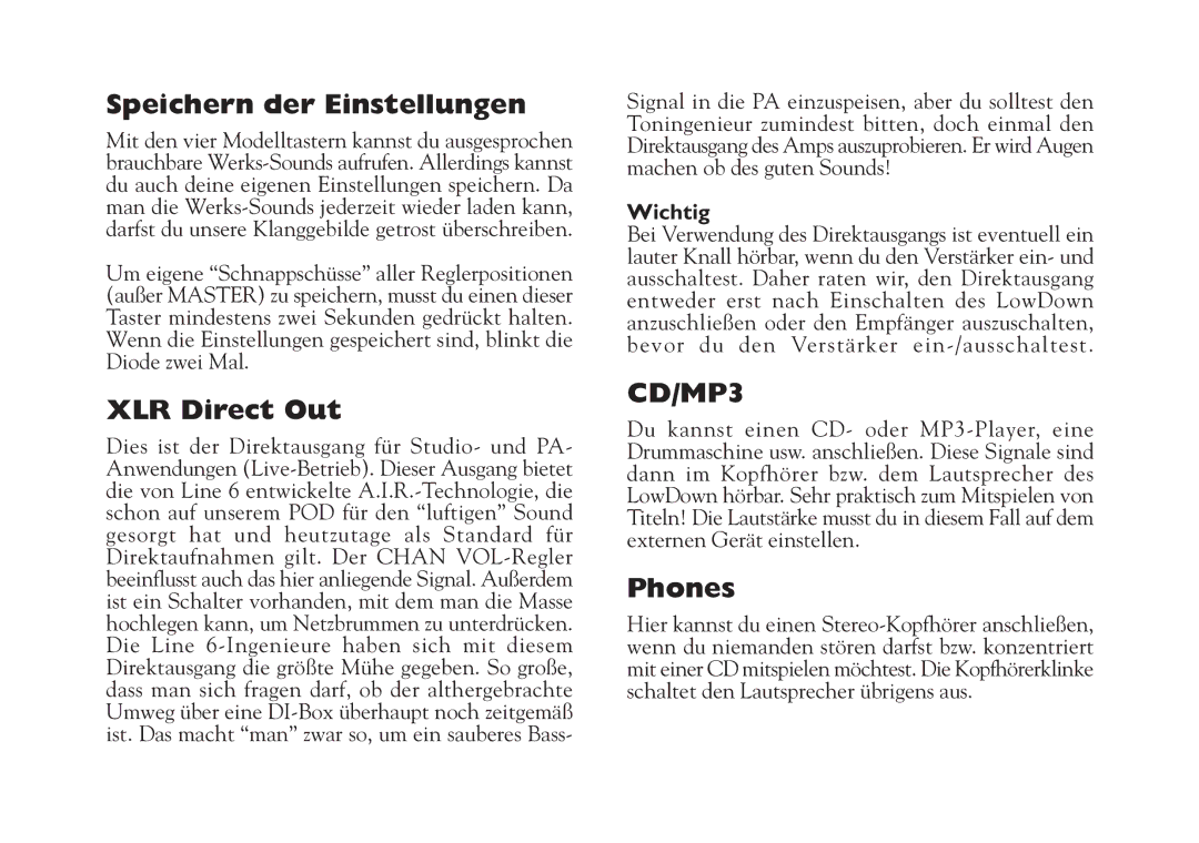 Line 6 Studio 110 specifications Speichern der Einstellungen, Wichtig 