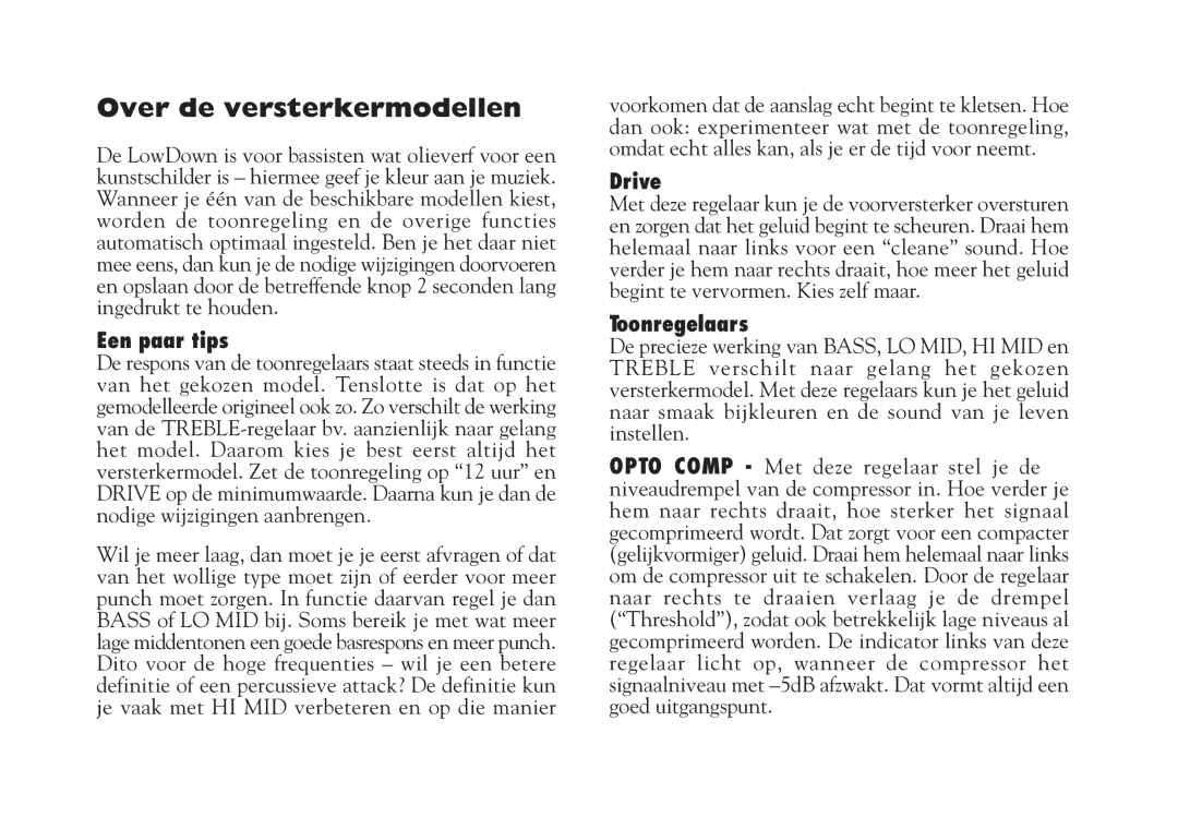 Line 6 Studio 110 specifications Over de versterkermodellen, Een paar tips, Toonregelaars 