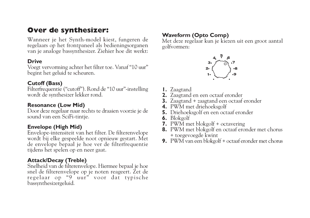 Line 6 Studio 110 specifications Over de synthesizer, Cutoff Bass 