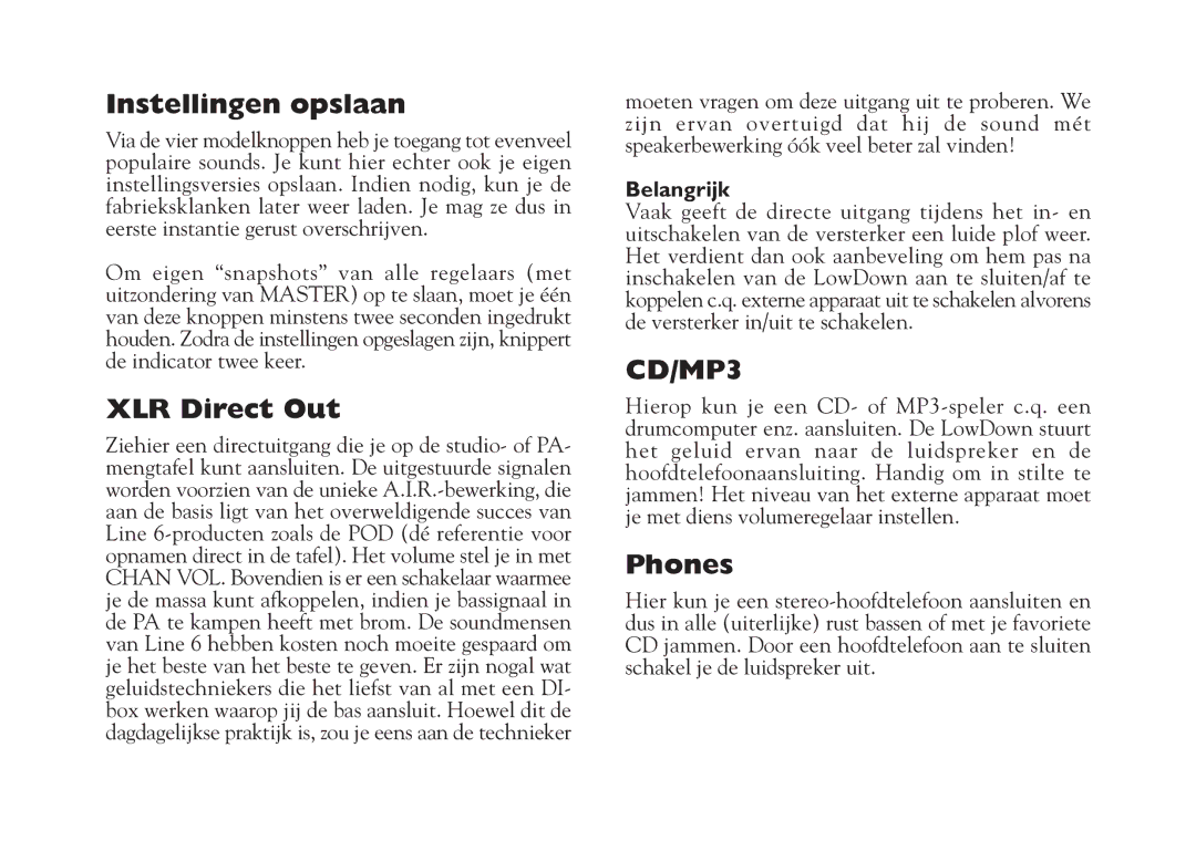 Line 6 Studio 110 specifications Instellingen opslaan, Belangrijk 