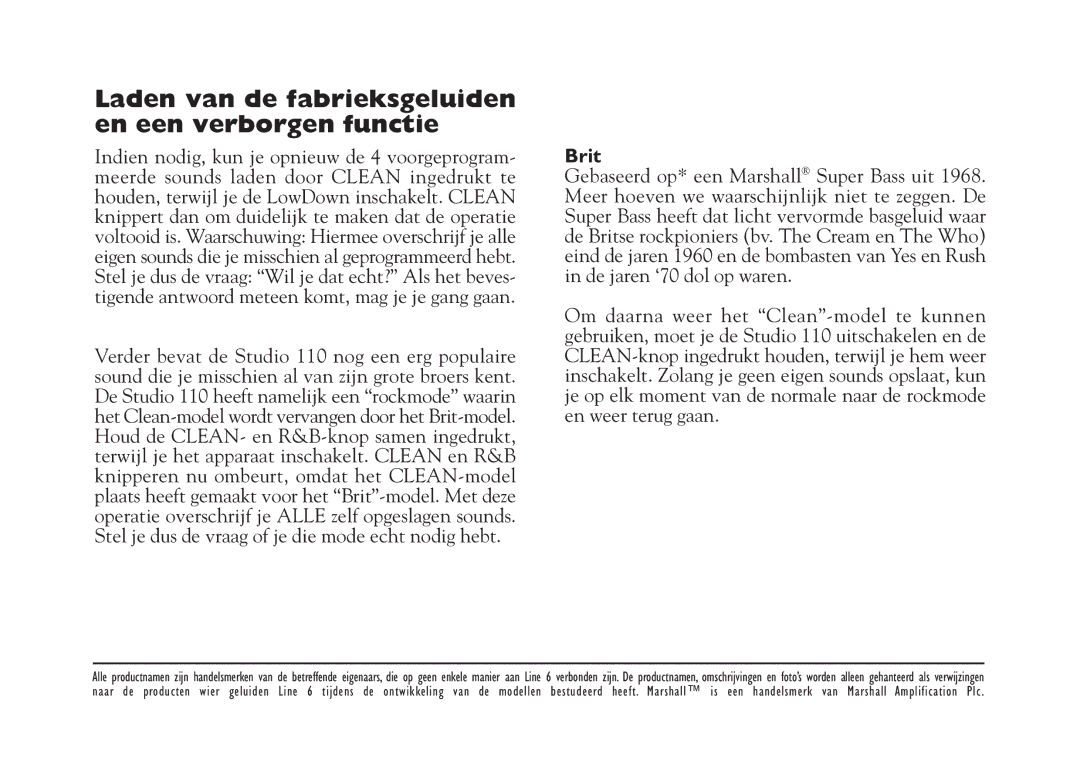 Line 6 Studio 110 specifications Laden van de fabrieksgeluiden en een verborgen functie, Brit 