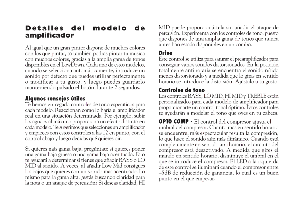 Line 6 Studio 110 specifications Detalles del modelo de amplificador, Algunos consejos útiles, Controles de tono 