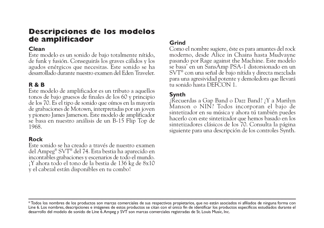 Line 6 Studio 110 specifications Descripciones de los modelos de amplificador, Clean 