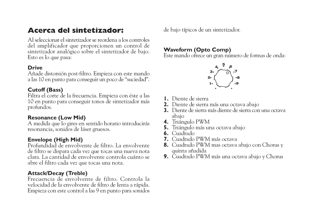 Line 6 Studio 110 specifications Acerca del sintetizador, Cutoff Bass 