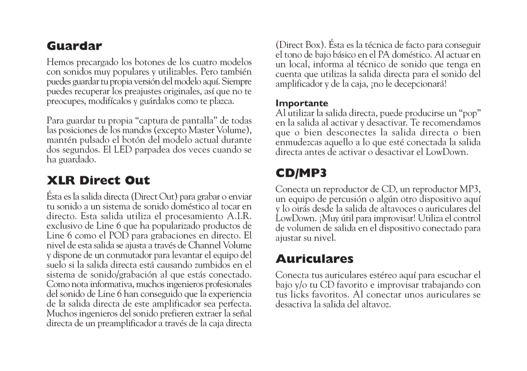 Line 6 Studio 110 specifications Guardar, Auriculares, Importante 