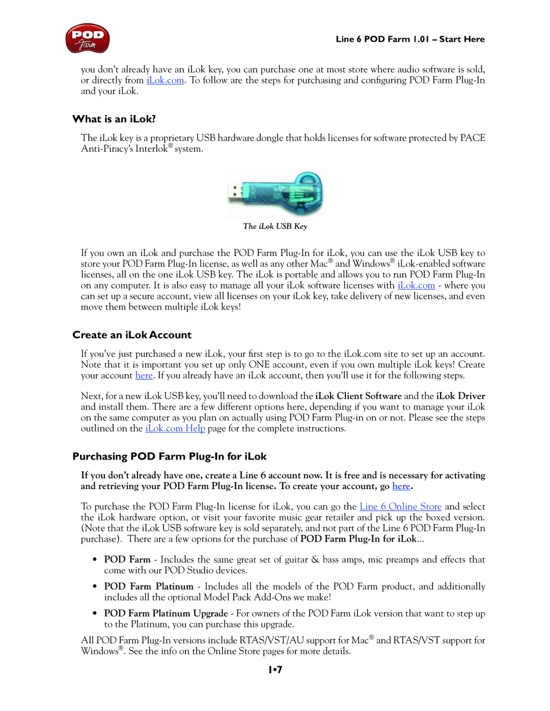 Line 6 TonePort KB37, TonePort UX8, GX, UX1 What is an iLok?, Create an iLok Account Purchasing POD Farm Plug-In for iLok 