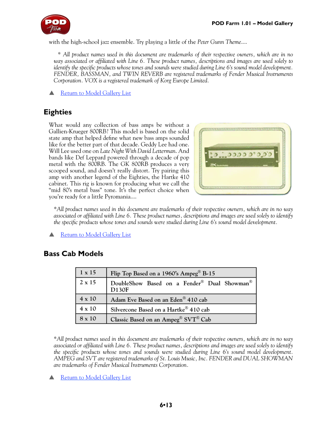 Line 6 TonePort UX8, TonePort DI, GX, UX1, TonePort KB37, UX2 manual Eighties, Bass Cab Models, 613 