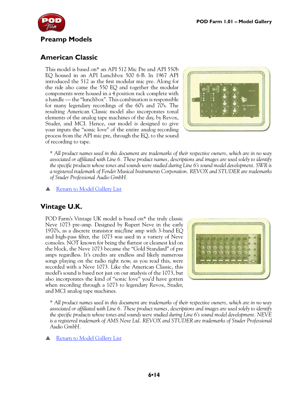 Line 6 TonePort DI, TonePort UX8, GX, UX1, TonePort KB37, UX2 manual Preamp Models American Classic, Vintage U.K, 614 