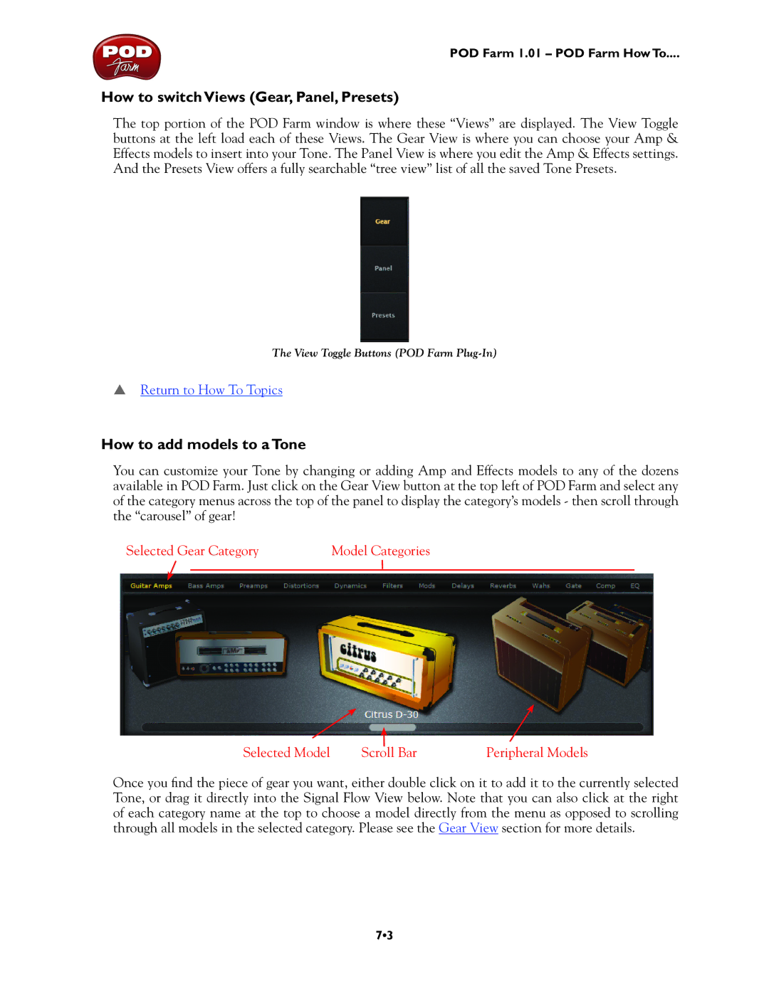 Line 6 UX2, TonePort UX8, TonePort DI, GX, UX1 manual How to switch Views Gear, Panel, Presets, How to add models to a Tone 