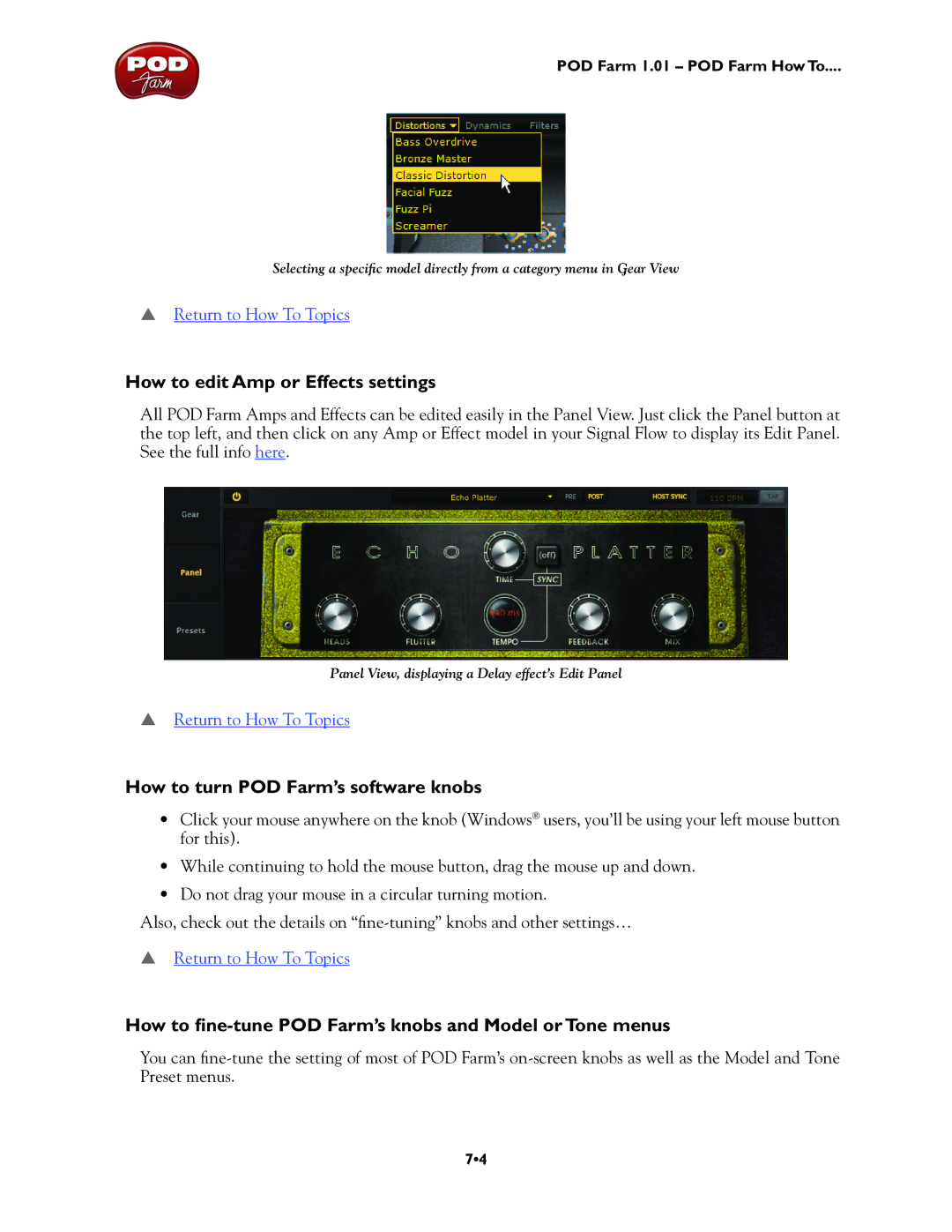 Line 6 TonePort UX8, TonePort DI, GX, UX1, UX2 How to edit Amp or Effects settings, How to turn POD Farm’s software knobs 