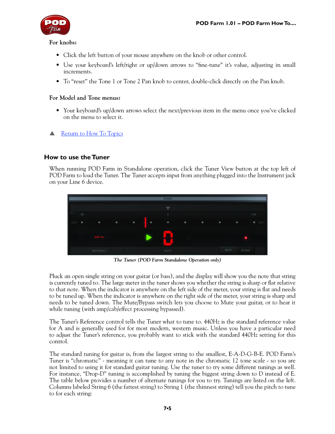 Line 6 TonePort DI, TonePort UX8, GX, UX1, TonePort KB37, UX2 manual How to use the Tuner, For knobs, For Model and Tone menus 