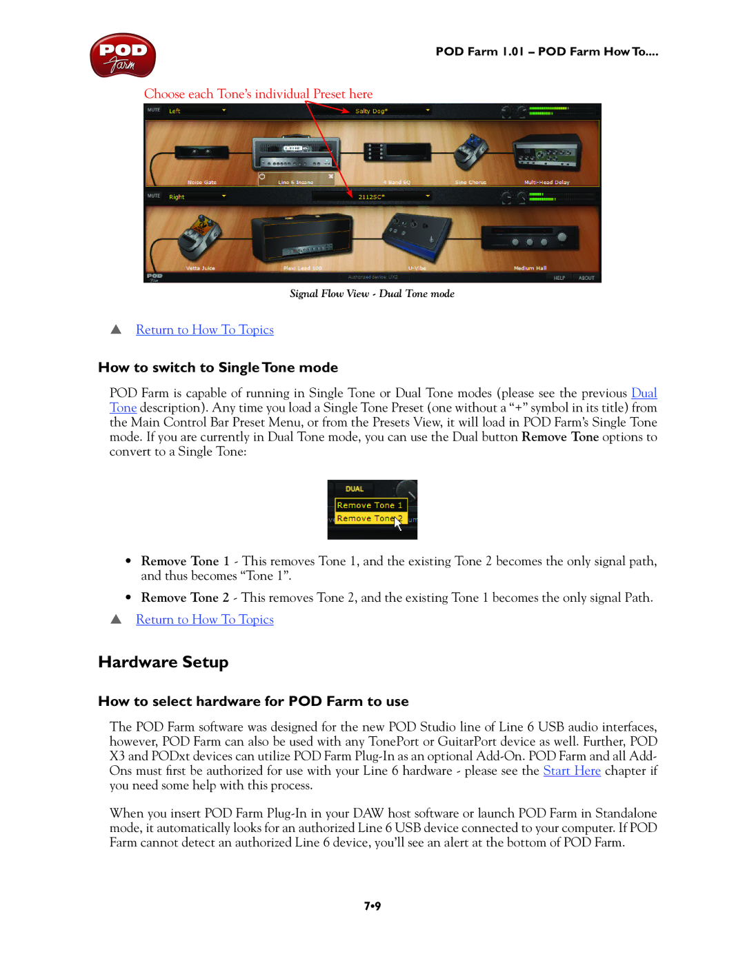 Line 6 UX2, TonePort UX8, GX Hardware Setup, How to switch to Single Tone mode, How to select hardware for POD Farm to use 