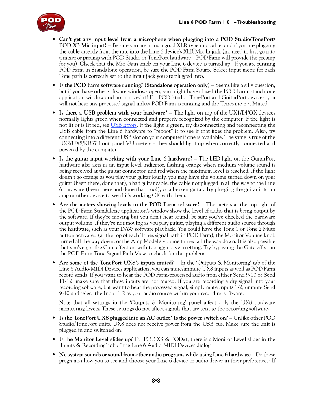 Line 6 UX2, TonePort UX8, TonePort DI, GX, UX1, TonePort KB37 manual Line 6 POD Farm 1.01 Troubleshooting 