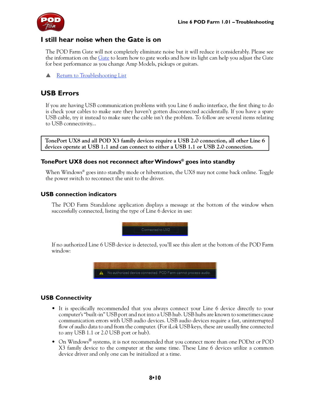 Line 6 TonePort DI, GX Still hear noise when the Gate is on, USB Errors, USB connection indicators, USB Connectivity, 810 