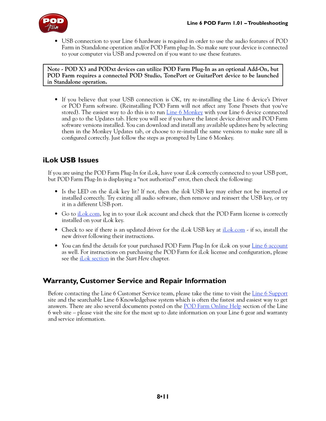 Line 6 GX, TonePort UX8, TonePort DI, UX1, UX2 manual ILok USB Issues, Warranty, Customer Service and Repair Information, 811 